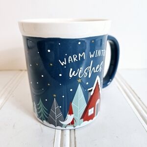Design Pac Warm Winter Wishes Mug Slate Blue Santa Christmas Trees Oversized Cup